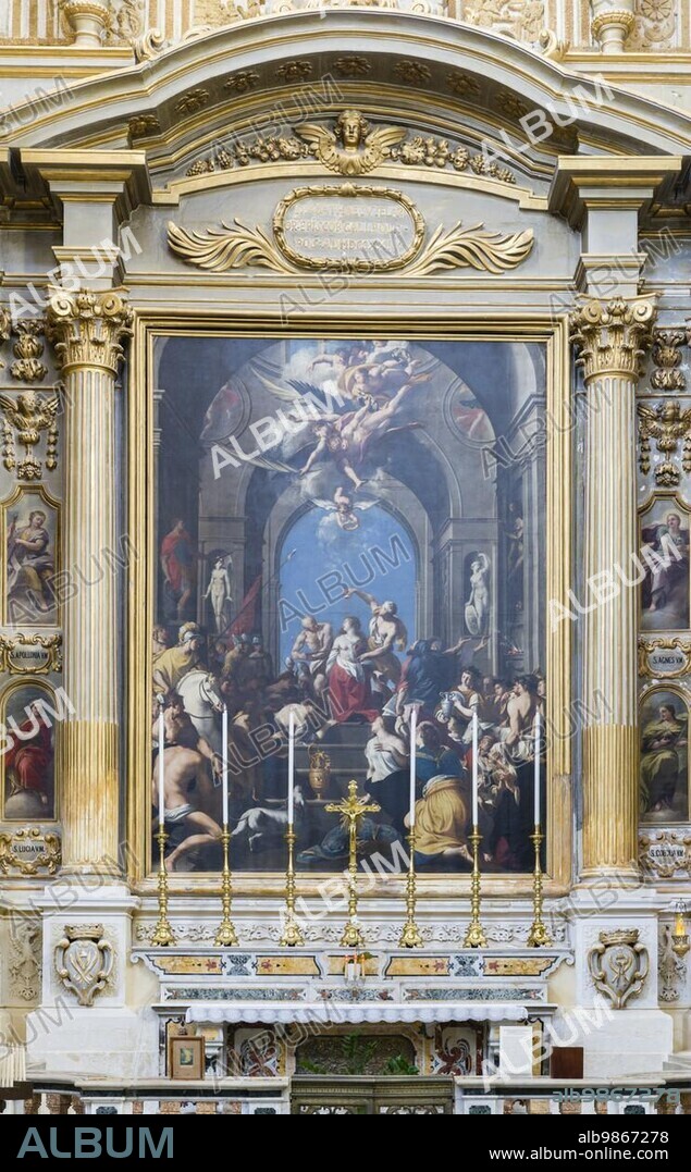 Altar of the Martyrdom of Saint Agatha, painting by Giovanni Andrea Coppola, 1597- 1659, left transept, Cathedral of Sant? Agatha, Baroque, Old Town, Gallipoli, Province of Lecce, Gulf of Taranto, Puglia, Italy