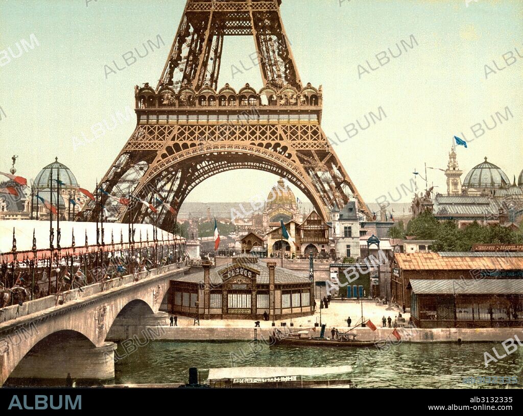 Paris, France:  1889 A photochrome of the Eiffel Tower and  view of the grounds at the Exposition Universelle.