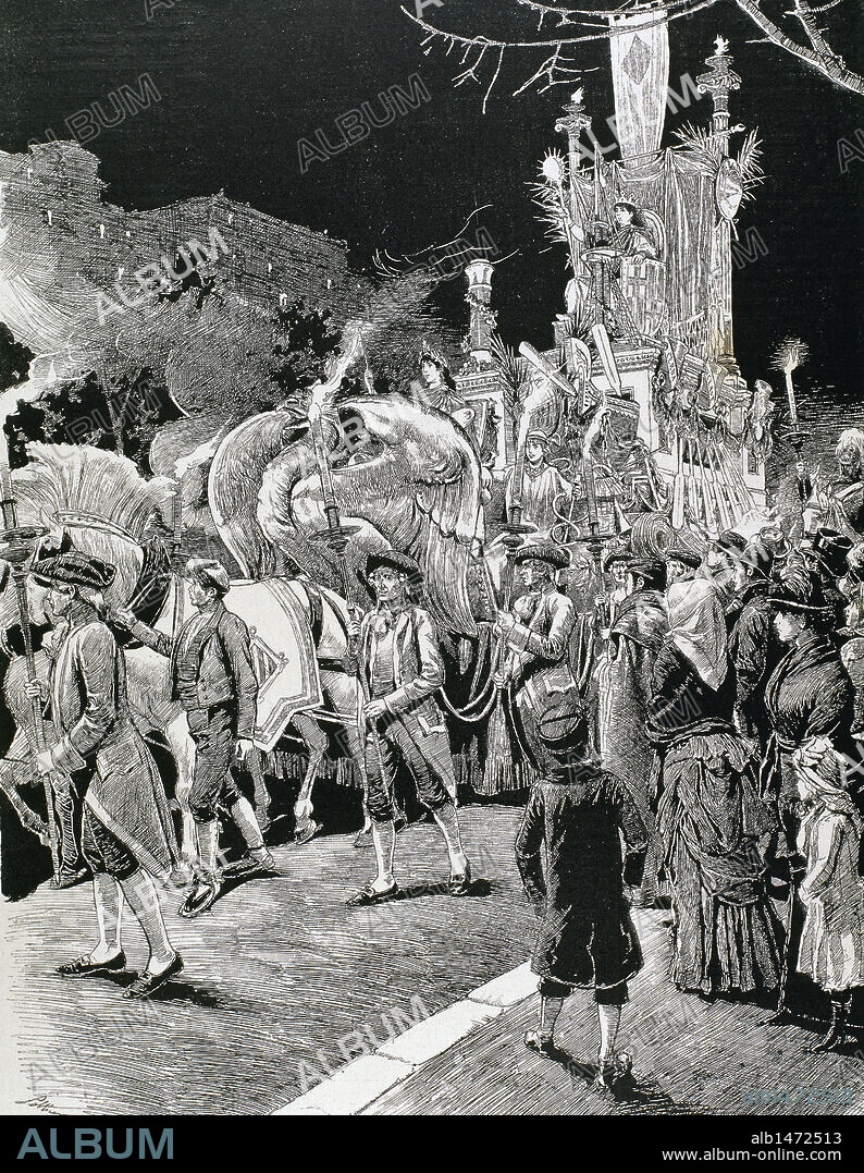 HISTORIA DE BARCELONA. FERIAS Y FIESTAS. CARRO ALEGORICO DEL AYUNTAMIENTO. Cataluña. Dibujo por J. L. Pellicer. La Ilustración Artística, 1884.