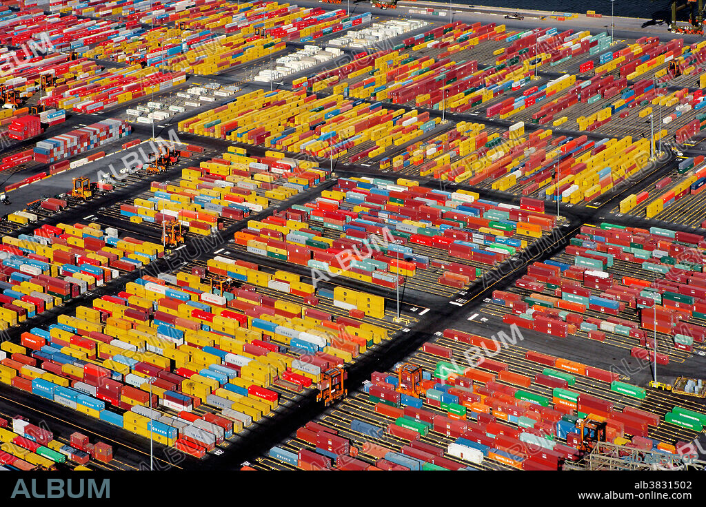 Shipping Container Yard; shipping containers await further distribution via rail or truck, or loading onto ships.