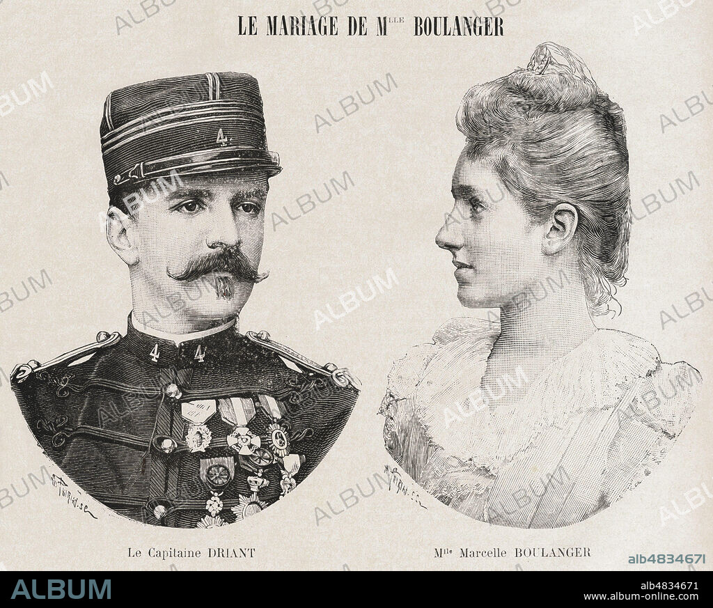 Le mariage de Melle Marcelle BOULANGER (fille du general Georges BOULANGER (1837-1891) avec le capitaine Emile DRIANT (1855-1916). Illustration anonyme pour Le Voleur du 8 novembre 1888. credit : Collection Kharbine-Tapabor.