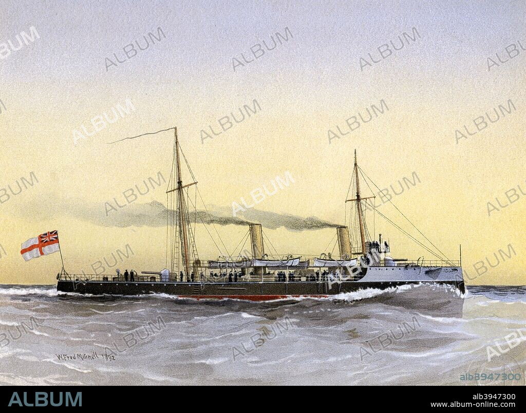 HMS 'Speedwell', Royal Navy torpedo gunboat, 1892. HMS 'Speedwell' was launched in 1889. She was converted to a minesweeper in 1909 and sold in 1920. A print from Her Majesty's Navy Including its Deeds and Battles, by Lieut Chas Rathbone Low, Volume III, JS Virtue & Co, London, 1890-1893.