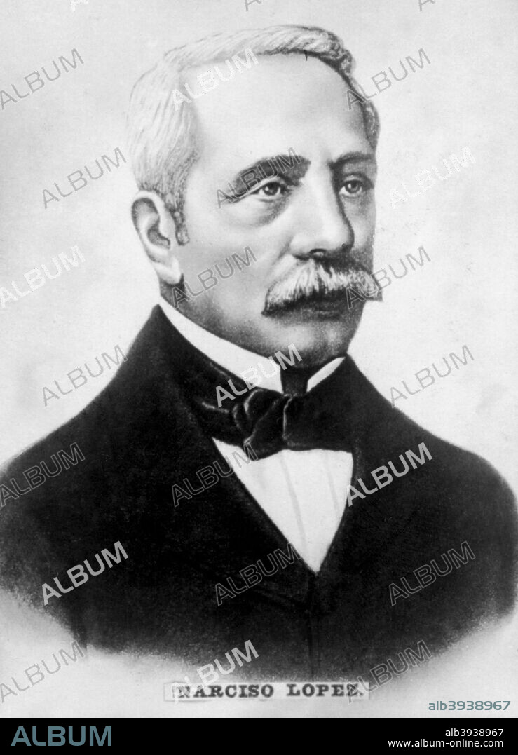 Narciso López (1797-1851), Venezuelan adventurer and soldier, best known for an expedition aimed at liberating Cuba from Spain in the 1850s. Cigar card from the History of Cuba,  Geografico Universal, Propaganda de los Cigarros Susini y La Corona, Tabacalera Cubana.