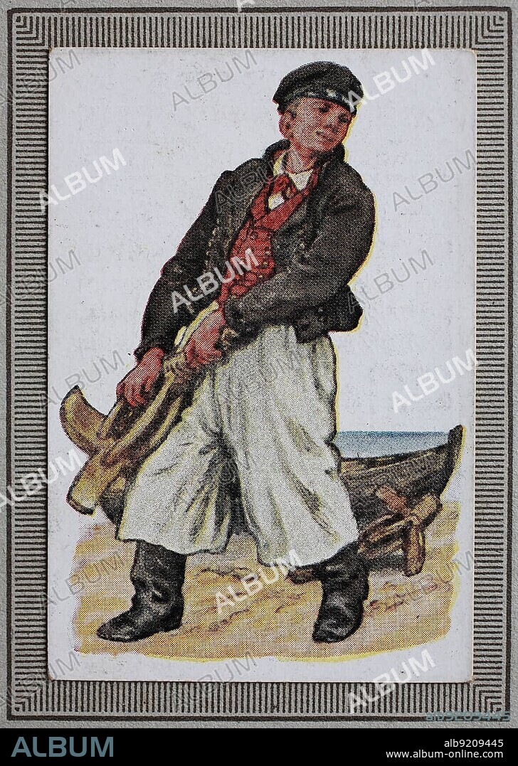 Traditional costumes in Germany in the 19th century, Rügen, Mönchguter fisherman, Historical, digitally restored reproduction from a collector's picture from ca 1910.