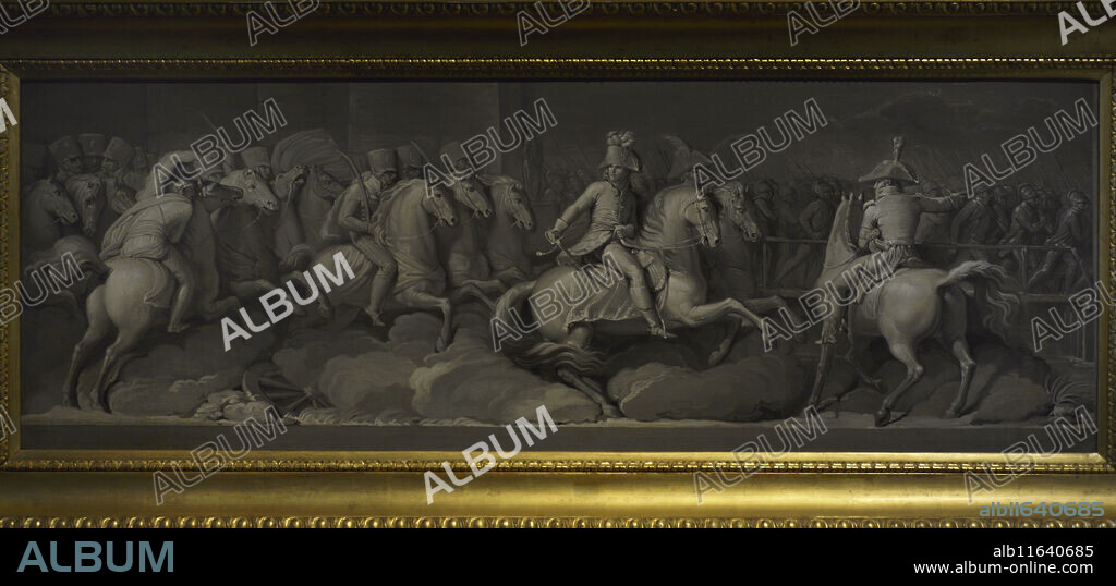 ANDREA APPIANI (1754-1817). ITALIAN PAINTER.. Guerras napoleónicas. Guerra de la Primera Coalición (1792-1797). Batalla del puente de Lodi (10 de mayo de 1796). Confrontó al ejército liderado por Napoleón Bonaparte, contras las tropas de la coalición al mando del general Sebottendorf. Napoleón obtuvo una victoria que le permitió conquistar el puente de Lodi, a orillas del río Adda. Napoleón Bonaparte en la Batalla de Lodi. La escena representa la retirada austriaca hacia Mantua, tras el intento del general Beaulieu de bloquear a los franceses en Lodi. Témpera sobre papel aplicado sobre lienzo (136,5 x 47 cm), por Andrea Appiani (1754-1817), h. 1800-1801. Galería de Arte Moderno. Milán. Italia.
