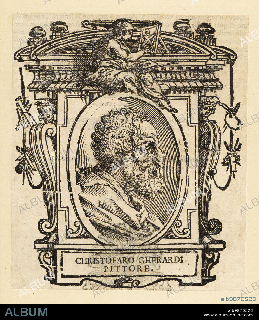 Portrait of Cristofano Gherardi or Cristoforo Gherardi, also known as il Doceno, Italian painter of the late-Renaissance or Mannerist period, active mainly in Florence and Tuscany, 1508-1556. Christofaro Gherardi Pittore. Woodcut from Giorgio Vasaris Le vite de piu eccellenti pittori, scultori, et architettori, The Lives of the Most Excellent Painters, Sculptors and Architects, Florence, 1678.