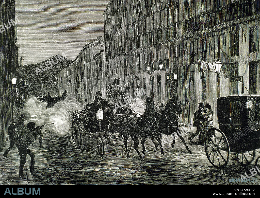 HISTORIA DE ESPAÑA. SIGLO XIX. ATENTADO ANARQUISTA. Los asaltantes hacen fuego contra la reina Isabel II y el rey, en una calle de Madrid. Grabado de 1872.