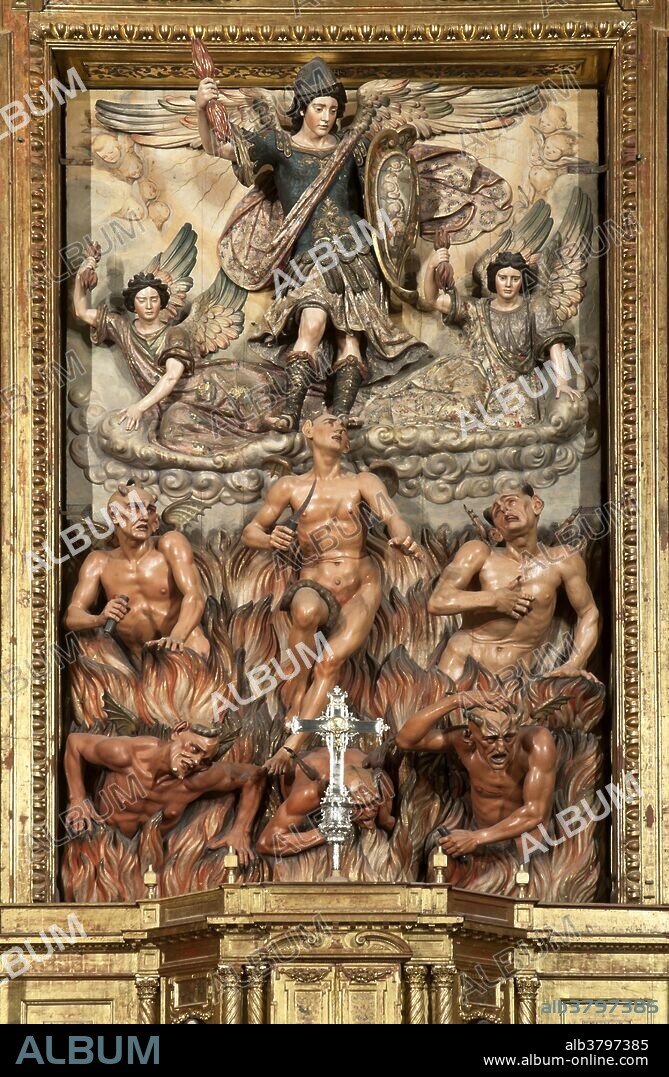 Church of San Miguel, Altarpiece - 17th century - detail of «The Battle of the Angels», Jerez de la Frontera, Cadiz province, Region of Andalusia, Spain, Europe.