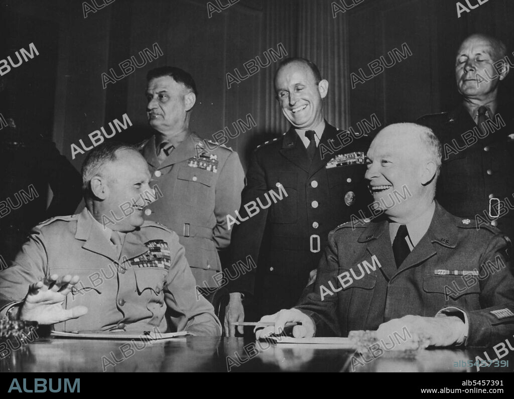 Eisenhower Announces New Commands From Paris -- At the Shape conference in Paris yesterday, l to r, seated, Viscount Montgomery of Alamein, General Eisenhower, standing Lt. General Maurizio Lassaro De Castiglioni, General Alfred M. Gruenther and Lt. General  Eude Gurtz.General Dwight D. Eisenhower, Supreme Allied Commander Europe, with the concerrence of the standing group of NATO, yesterday announced the command organization and some of the principle appointments for the are of Southern Europe which comes within his command. June 20, 1951.