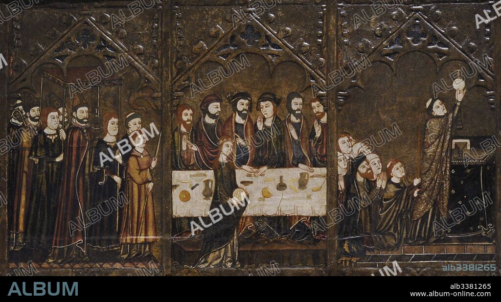 Maestro de Vallbona de les Monges (Guillem Seguer?), siglo XIV. Retablo del Corpus Christi, hacia 1335-1345. Detalle con la representación de la Procesión de Corpus Christi y una mujer robando una hostia y la elevación de ésta, quizás Misa de San Gregorio. Procedente de la Capilla del Corpus Christi. Iglesia del Monasterio de Santa María de les Monges, provincia de Lleida. Museo Nacional de Arte de Cataluña. Barcelona. Cataluña. España. Master of Vallbona de les Monges (Guillem Seguer?), 14th century. Altarpiece of Corpus Christi, ca.1335-1345. Detail depicting a Corpus Christi procession, a woman stealing a host and a elevation of the host, perhaps Mass of Saint Gregory. From the Chapel of Corpus Christi. Church of the Monastery of Santa Maria de les Monges, Lleida province. National Art Museum of Catalonia. Barcelona. Catalonia. Spain.