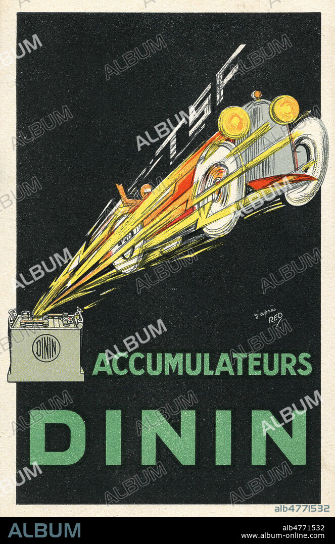'Accumulateurs DININ'. Illustration par RED pour une carte postale publicitaire vers 1925. Credit : Collection IM/KHARBINE-TAPABOR.