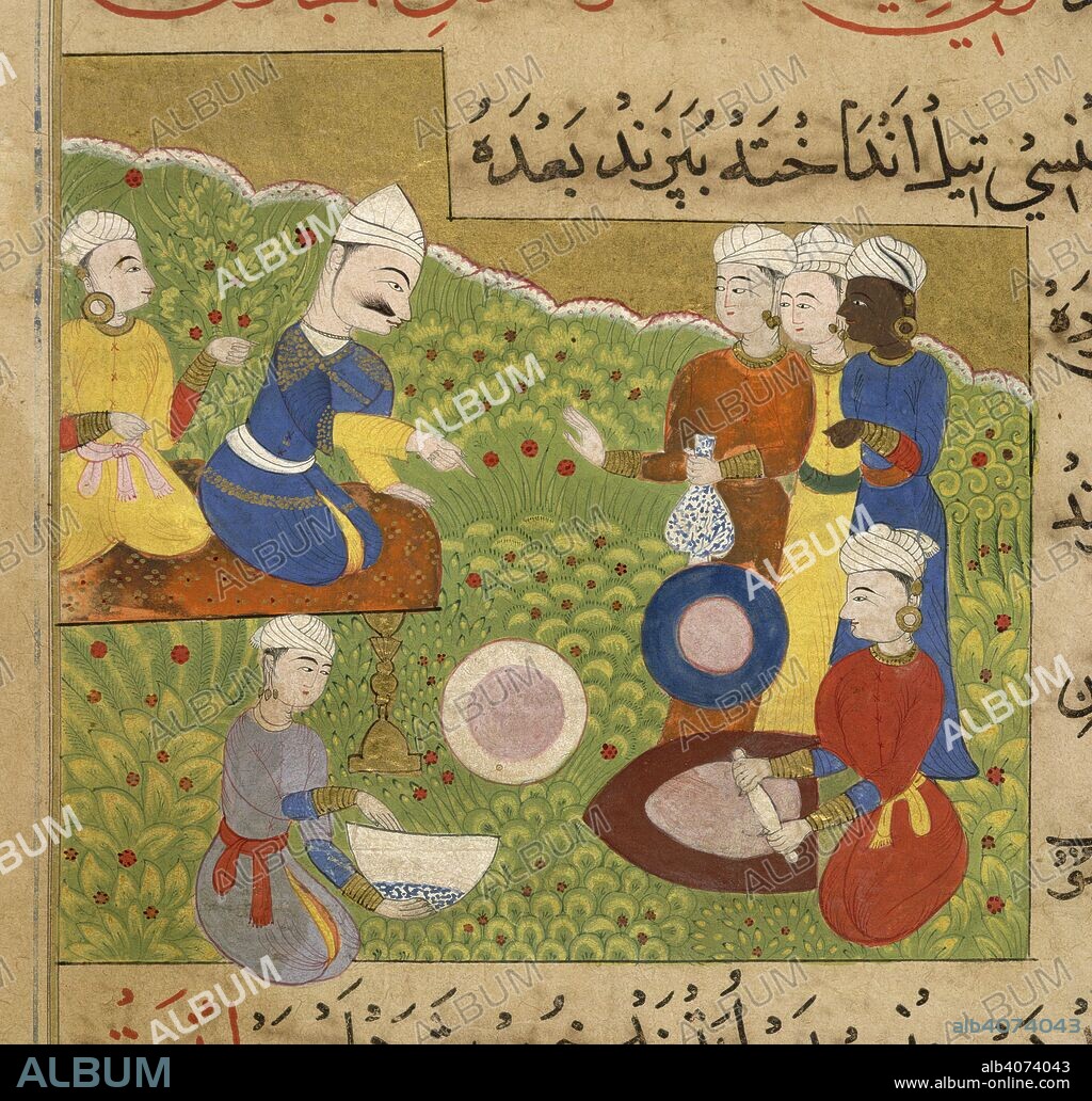 Betel preparation. The Ni'matnama-i Nasir al-Din Shah. A manuscript o. 1495 - 1505. Betel being offered to Ghiyath Shahi. Betel preparation. Leaf-eating written in large 'naskh' in the right hand border of the folio. Ghiyath Shahi being offered betel chews by a dark attendant. He is seated on a stool out of doors. Betel being prepared in the foreground by a man, using a pestle and mortar, and by a woman. Large round plate in the centre. Opaque watercolour. Sultanate style.  Image taken from The Ni'matnama-i Nasir al-Din Shah. A manuscript on Indian cookery and the preparation of sweetmeats, spices etc.  Originally published/produced in 1495 - 1505. . Source: I.O. ISLAMIC 149, f.118v. Language: Persian.