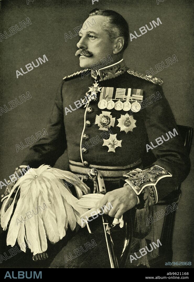 RUSSELL & SONS. 'Field Marshal Sir Douglas Haig, K.C.B. Commanding the British Army in France', late 19th century-early 20th century, (c1920). Portrait of Douglas Haig, 1st Earl Haig (1861-1928) who commanded the British Expeditionary Force on the Western Front during the First World War. Haig endured criticism for the two million British casualties lost under his command. From "The Great World War: A History", Volume V, edited by Frank A Mumby. [The Gresham Publishing Company Ltd, London, c1920].