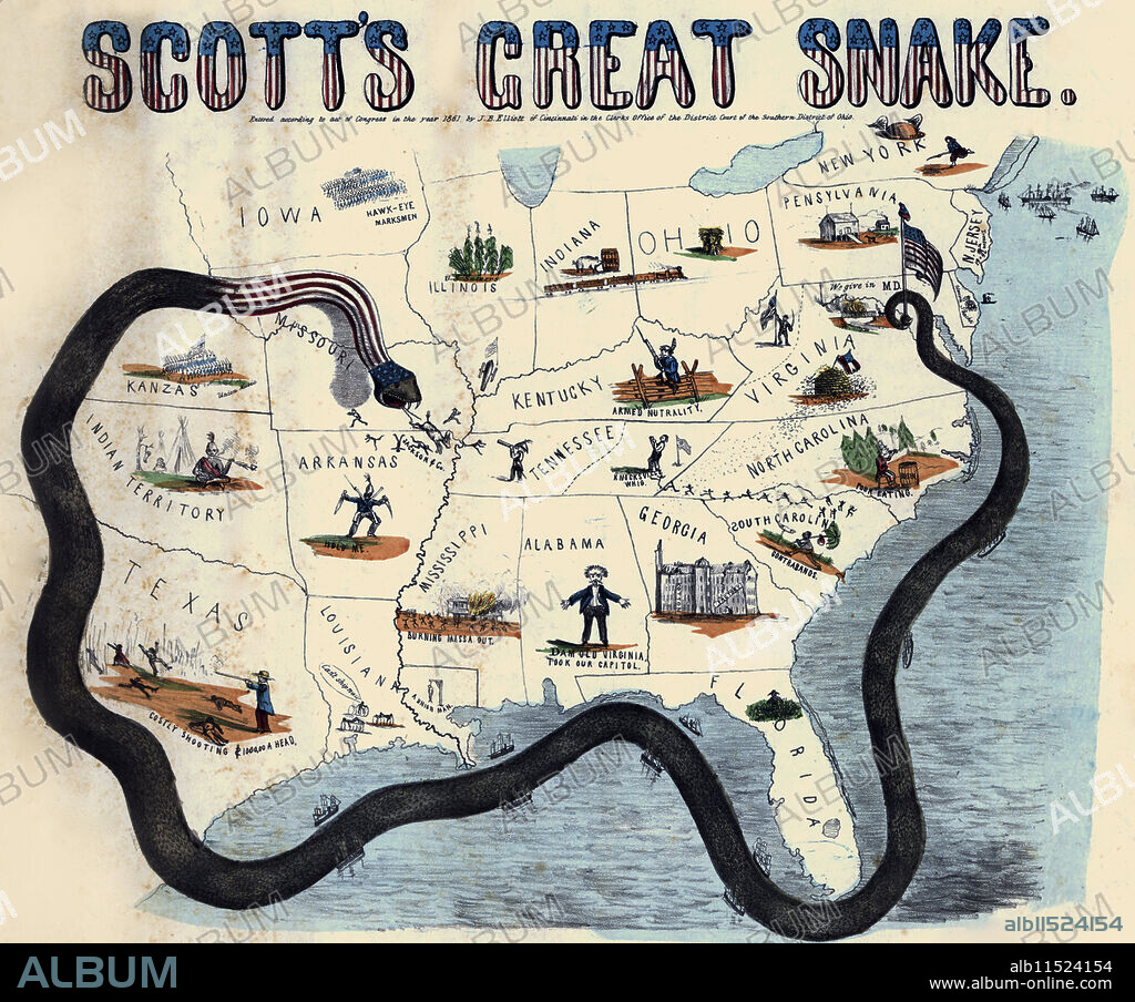 J. B. ELLIOTT. Scott's Anaconda Plan.  Cartoon map illustrating Gen. Winfield Scott's plan to crush the Confederacy, economically. It is sometimes called the "Anaconda plan.".