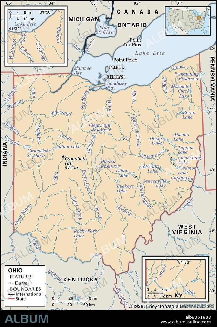 Physical map of Ohio.