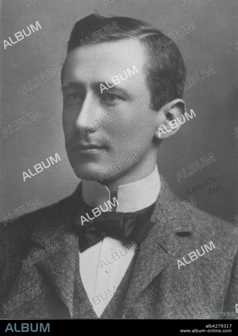 JAMES LAFAYETTE. 'Marconi', c1893. Portrait of Italian physicist and inventor Guglielmo Marconi (1874-1937). Marconi discovered a way in which waves could be used to send messages from one place to another without wires or cables. Having read about Heinrich Hertz's work with electromagnetic waves, he began experiments of his own, and in 1894 successfully sounded a buzzer 9 metres away from where he stood. In 1902 Marconi sent a radio signal across the Atlantic in Morse code. Five years later, a Canadian scientist, Reginald Fessenden, transmitted a human voice by radio for the first time. Marconi's inventiveness and business skills made radio communication a practical proposition. From the collection of Felix Potin.
