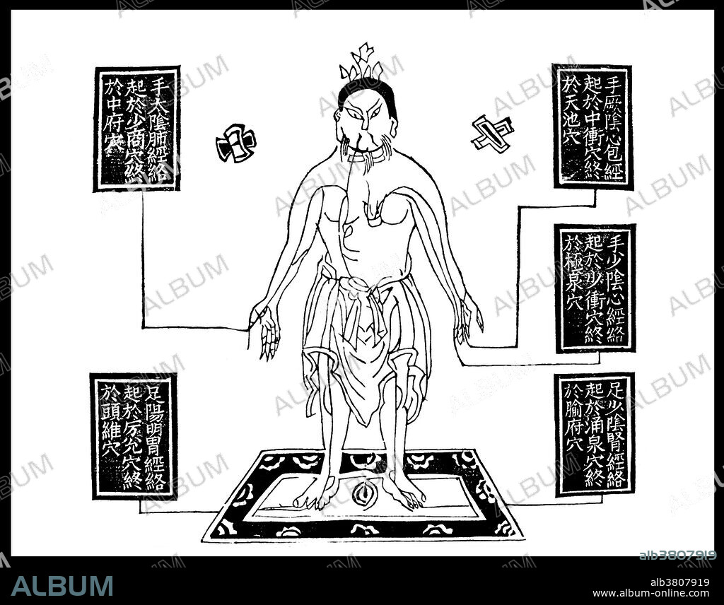 Woodblock illustration from an edition of 1909 (1st year of the Xuantong reign period of the Qing dynasty). Shows the figure of a middle-aged man, with the Heart Envelope channel of hand jueyin, the heart channel of hand shaoyin, the kidney channel of foot shaoyin, the lung channel of hand taiyin and the stomach channel of foot yangming drawn on his body. The starting and finishing points of each channel are described in five blocks of text arranged to either side of the figure, joined by lines to the part of the body where the channel originates. It should be noted that the start and finish points of all except the kidney channel of foot shaoyin are inverted, with respect to other texts. Library of Zhongguo zhongyi yanjiu yuan (China Academy of Traditional Chinese Medicine), Bu zhu tongren shuxue zhenjiu tujing (Illustrated Acupuncture and Moxibustion Canon of the Bronze Man with Notes and Commentary).