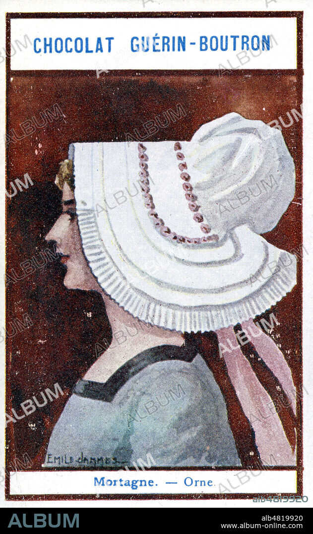 Mortagne (MOrtagne-au-perche ) , Normandie, Femme portant une coiffe normande, costume regional, chromo faisant partie d'une serie d'images sur les coiffes regionales, vers 1900. Illustration par Emile Jammes. Credit Collection KHARBINE TAPABOR.