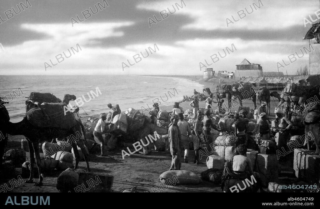 Yemen. mokha. coffee market at the port of mokha. 1910-20.