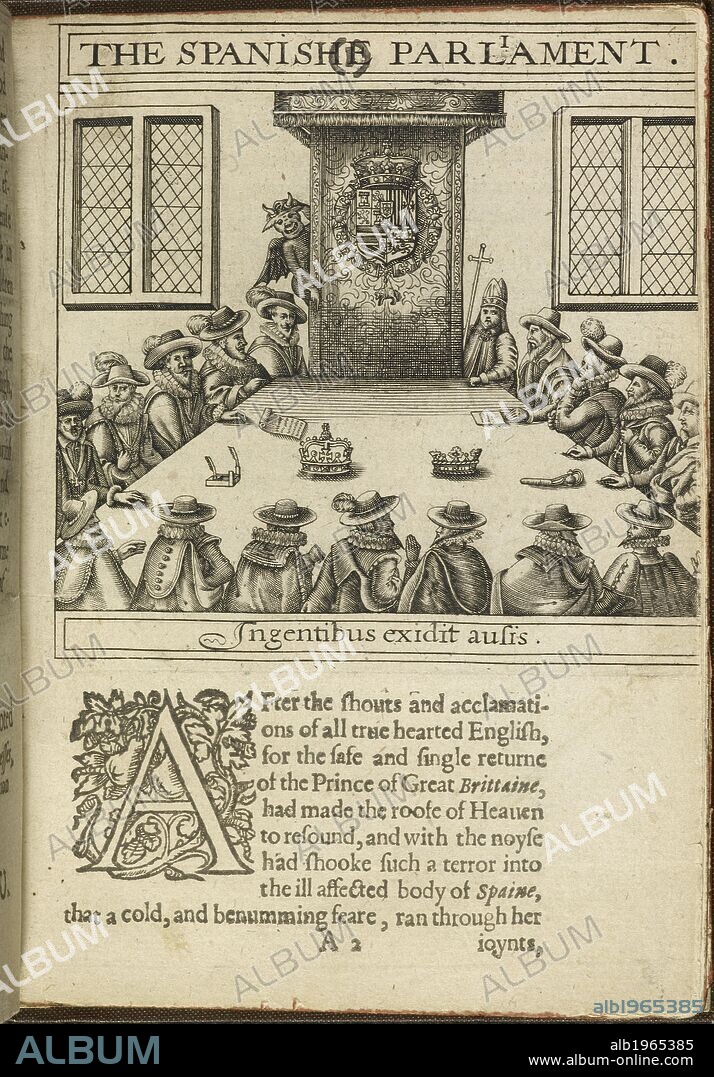 The Spanish Parliament meeting. A man appearing in the likeness of  Machiavelli.  A political commentary. . The Second Part of Vox Populi. Netherlands 1624. [The Second Part of Vox Populi; or Gondomar appearing in the likenes of Matchiavell in a Spanish Parliament, wherein are discouered his treacherous & subtile practises to the ruine as well of Englande as the Netherlandes. Faithfully translated out of the Spanish Coppie [or rather, written] by a well-willer to England and Holland. [The dedication is signed, T. S. of U., i.e. Thomas Scott of Utrecht.]]  Edition  Second edition.  Ashuerus Janss.: Goricom, 1624. Source: 1103.e.13 A2. Language: English.