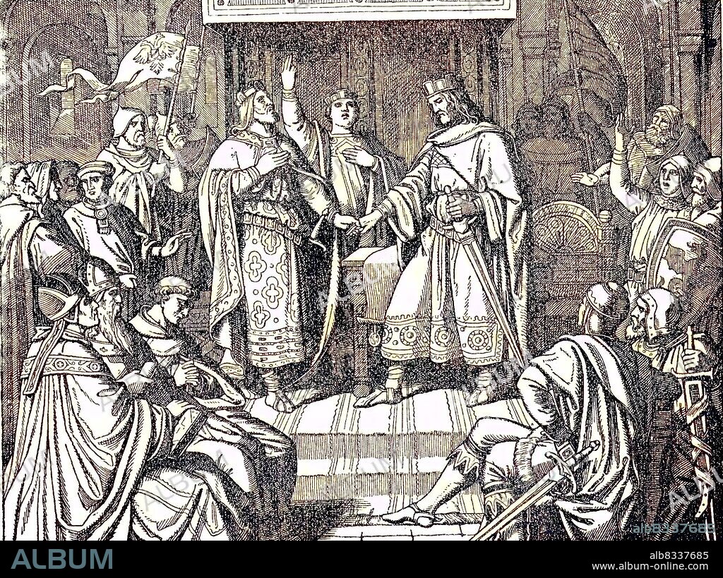Der Vertrag zu Verdun / The Treaty of Verdun, signed in August 843, was the first of the treaties that divided the Carolingian Empire into three kingdoms among the three surviving sons of Louis the Pious, who was the son of Charlemagne, historisch, C:CC5historical, digital improved reproduction of an original from the 19th century / digitale Reproduktion einer Originalvorlage aus dem 19. Jahrhundert, Originaldatum nicht bekannt.