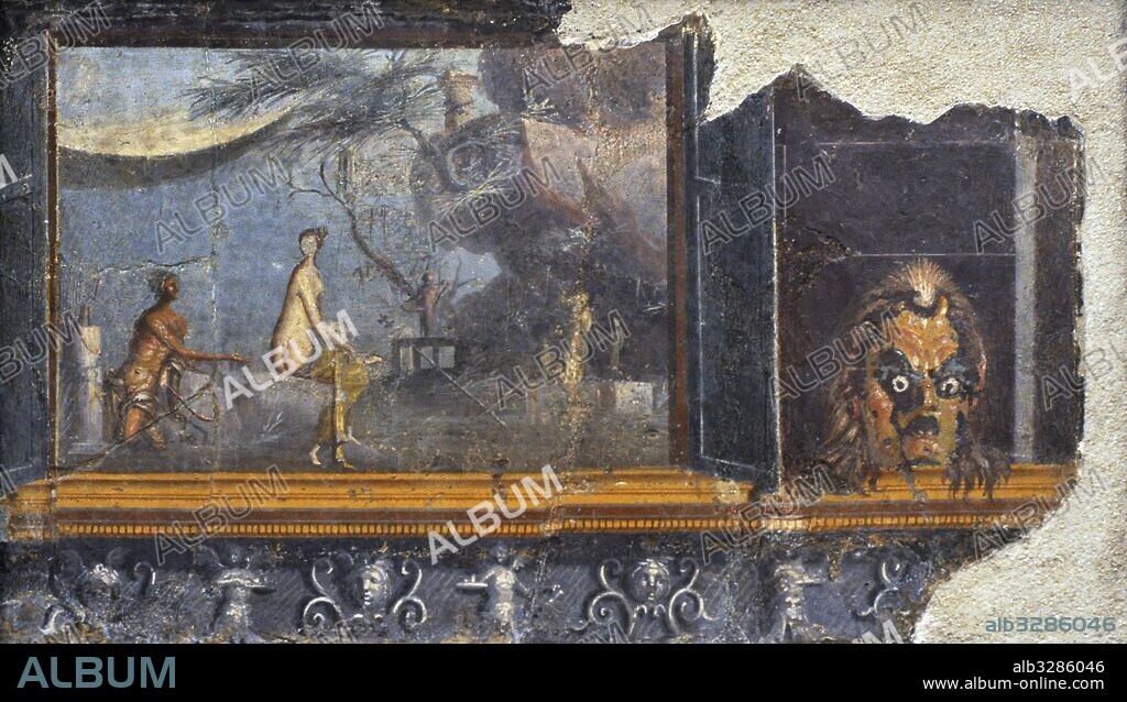 Fresco romano con la representación de un panel con puertas en la que aparece una máscara de Sileno. A la izquierda, el encuentro de Acis y Galatea en un paisaje rural, cerca de una cueva. Siglo I a. C. Museo Arqueológico Nacional. Nápoles. Italia.