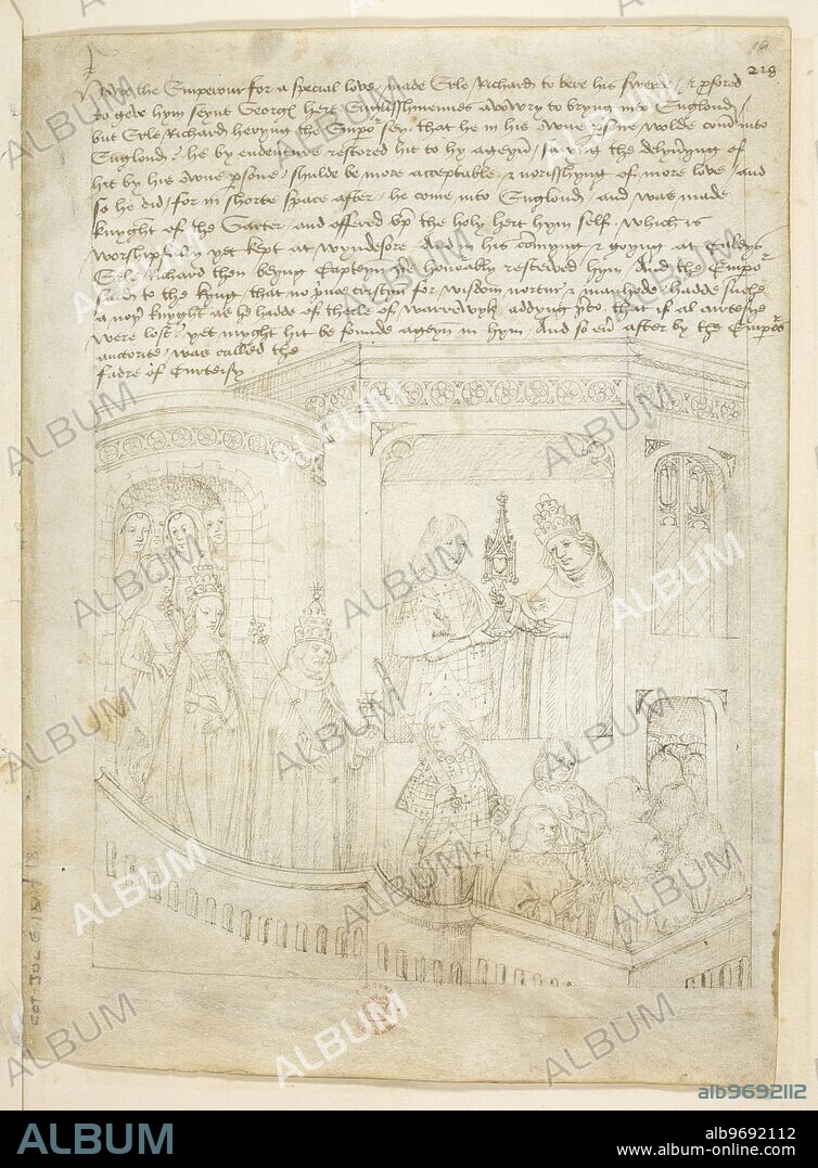 The relic of St George. Pageant XXXV. Procession with Richard Beauchamp, Earl of Warwick wearing a heraldic surcoart and carrying the Emperor's sword. He is followed by the Emperor Sigismond wearing a triple crown, and carring an orb and sceptre; and the Empress, wearing a triple crown and carrying a sceptre, with her train carried by her ladies. Behind, on an open landing or balcony, the Emperor offers Richard the pinnacled monstrance containing St George's heart.