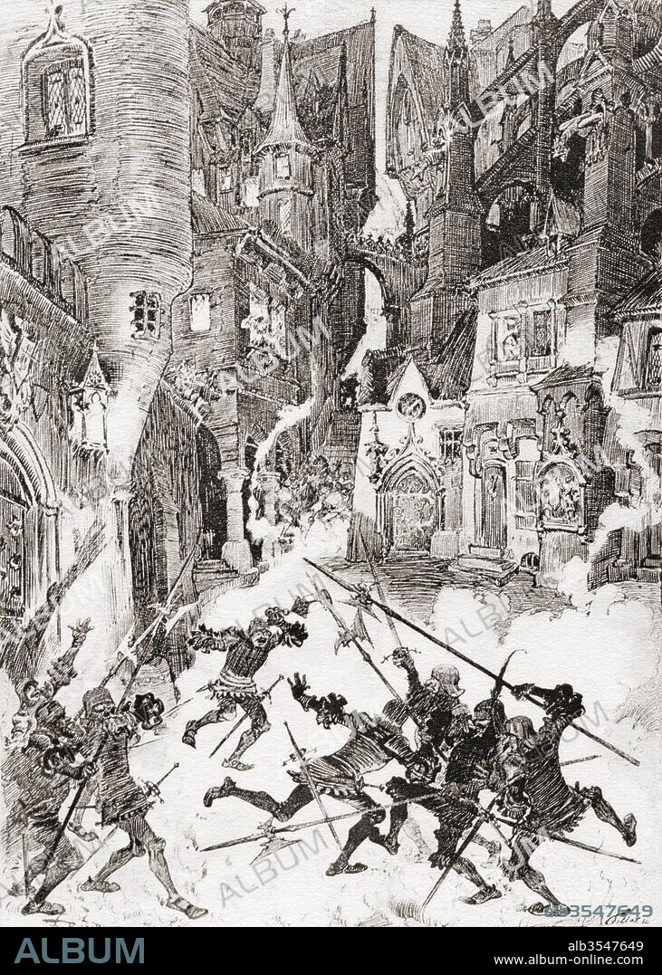 Panurge tourmentant le guet or Panurge tormenting the guard. After the illustration by Albert Robida for Gargantua and Pantagruel by François Rabelais. From Oeuvres de Rabelais, published 1928.