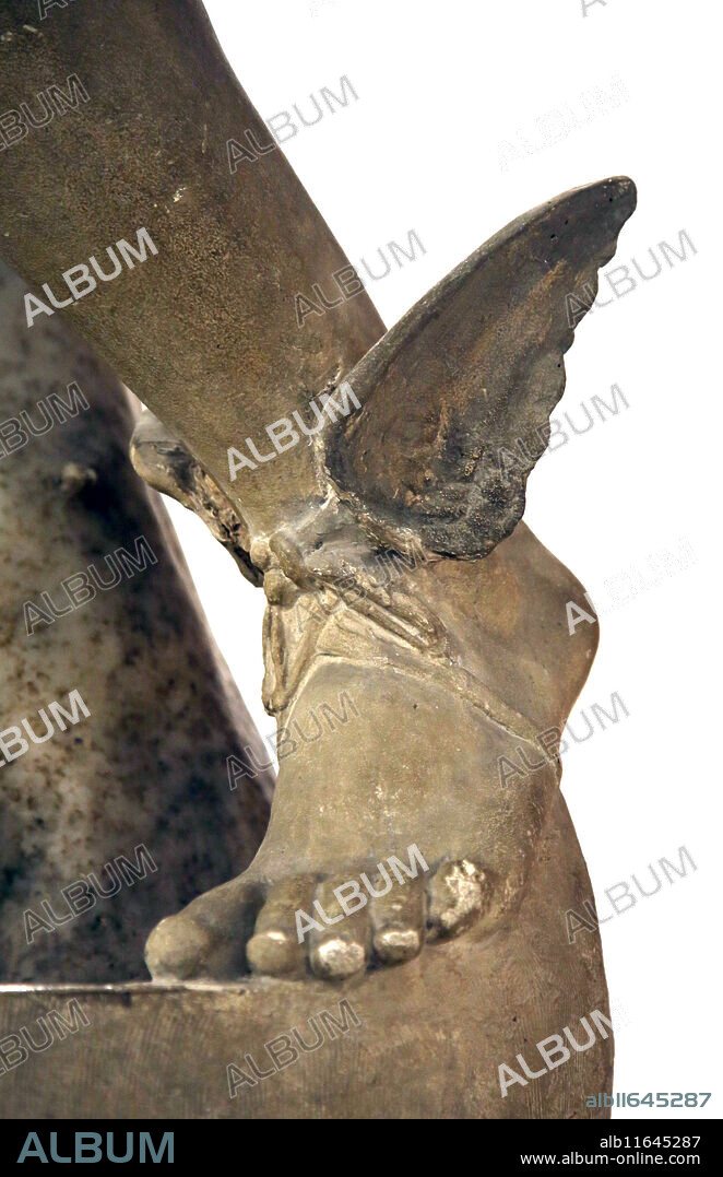 Statue of Mercury (Hermes). Detail of talaria, winged sandals. Italica. 2nd cent. Archaeological Museum of Seville. Andalusia. Spain.