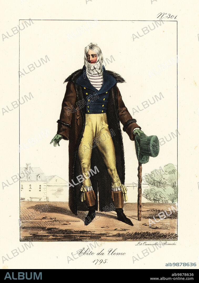 Costume of a French dandy or Incroyable, Directoire era, 1795. In high collar with cravat, long redingote, double-breasted gilet, buff pantalons and calf-length boots with high cuffs. He holds a top hat and cudgel. Costume d'Homme, 1795. After Carle Vernet. Handcoloured lithograph by Lorenzo Bianchi and Domenico Cuciniello after Hippolyte Lecomte from Costumi civili e militari della monarchia francese dal 1200 al 1820, Naples, 1825. Italian edition of Lecomtes Civilian and military costumes of the French monarchy from 1200 to 1820.