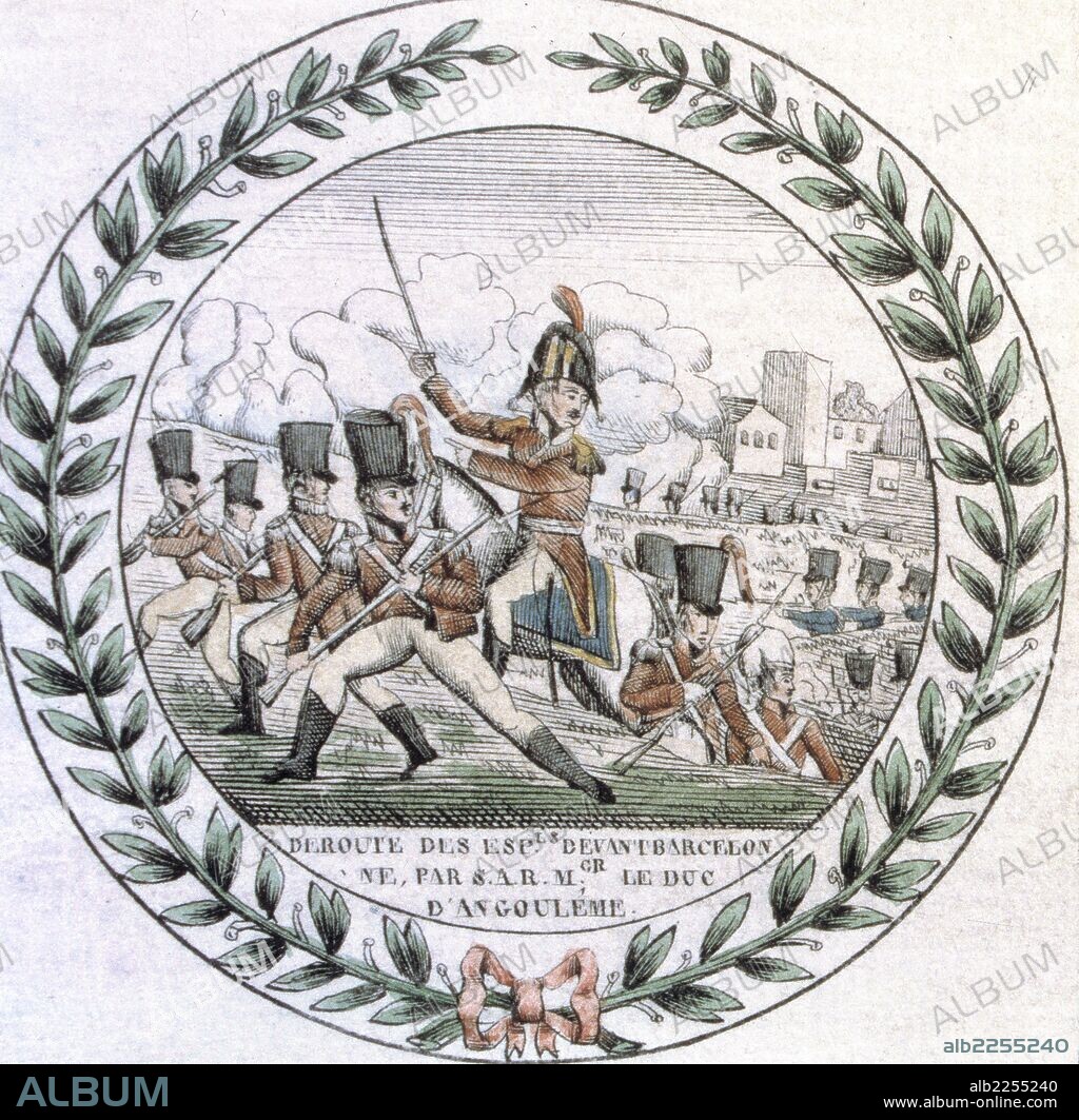 Ejército de ¿¿LOS CIEN MIL HIJOS DE SAN LUIS¿¿, capitaneados por el DUQUE DE ANGULEMA (1775-1844) que fue enviado por la SANTA ALIANZA en 1823 para poner fin al periodo conocido por ¿¿TRIENIO LIBERAL¿¿ (1820-1823) en España. Viñetas con ¿¿DERROTA DE LAS TROPAS DEL EJERCITO CONSTITUCIONAL POR FUERZAS FRANCESAS A LAS AFUERAS DE BARCELONA¿¿. Museo Municipal. Madrid. España.