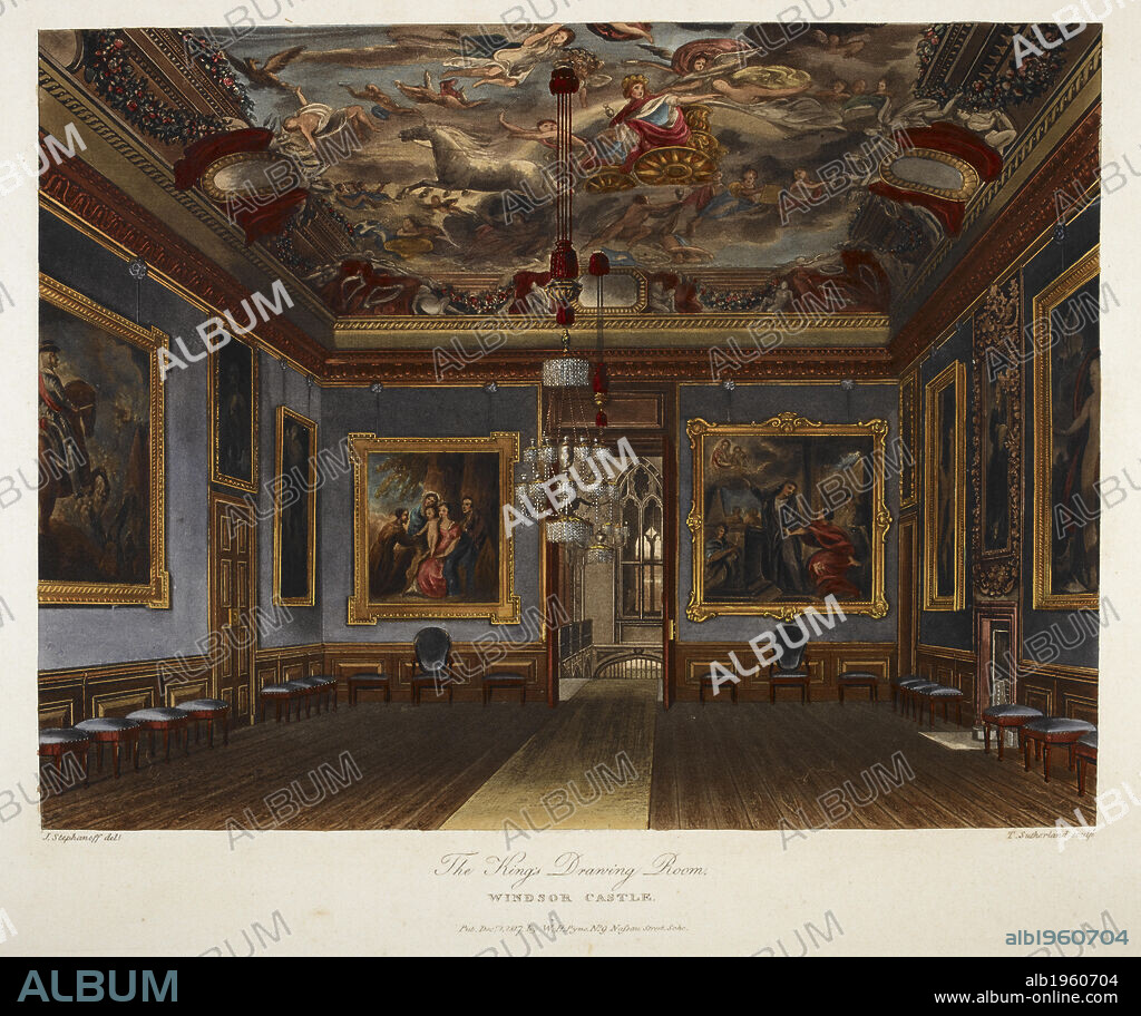 The king's drawing room. Windsor castle, Colour illustration / plate. Author William Henry Pyne, Illustrated by T. Sutherland.