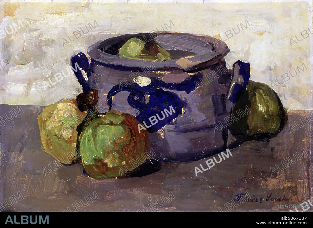 painting, Floris Verster, 1907, Signature front, bottom right: Floris Verster, cardboard, oil paint, painted, Carrier: 22.8 × 32.5 × 0.3cm 228 × 325 × 3mm, With frame: 35.8 × 45.8 × 3cm 358 × 458 × 30mm, apple, still life, cologne pot, Still life with a cologne pot. On a grayish table surface, against a light background, a Cologne pot with two handles and decorated with blue glaze. There is an apple in the pot. There are three more apples around the pot. Signed bottom right. The painting is in a gold-colored with silver-colored painted wooden frame with a white-painted inner edge, 1955.