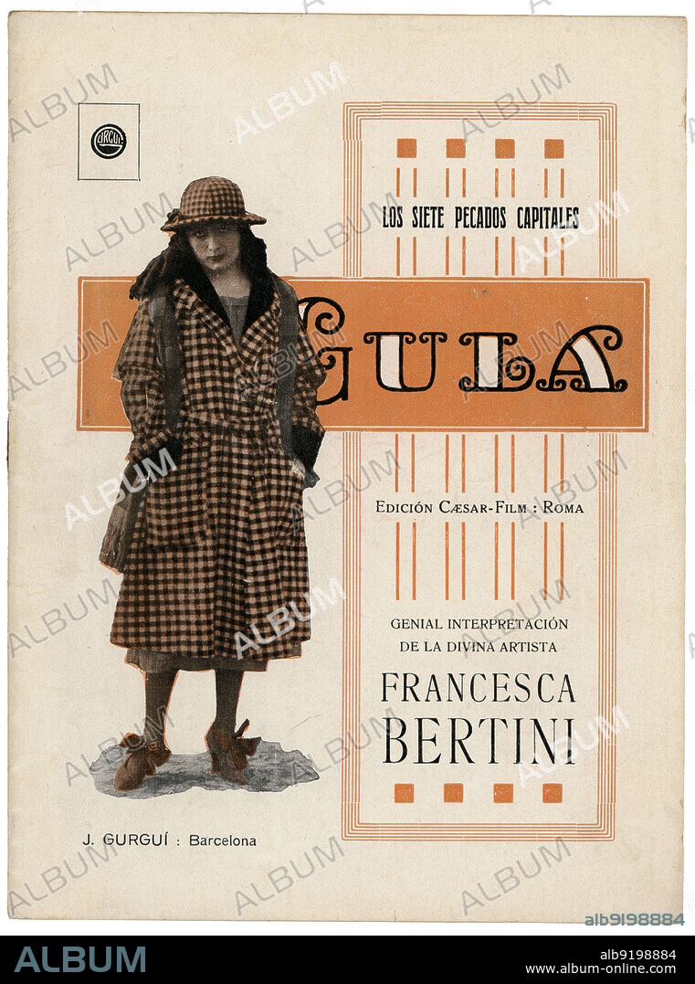 Guión cinematográfico basado en la novela Los siete pecados capitales, la Gula, de Eugéne Sue; película interpretada por la actriz italiana de cine mudo Francesca Bertini (1892-1985), producida por Caesar Film, de Roma y distribuida en España por J. Gurguí, de Barcelona. Año 1919.