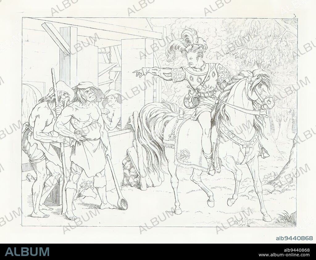 Nobleman at a blacksmith's, Schiller's Fridolin (series title), Umrisse zu Schiller's Fridolin (series title), print maker: Moritz Retzsch, (mentioned on object), publisher: J.G. Gotta'schen Buchhandlung, Stuttgart, 1823, paper, etching, height 179 mm × width 239 mm.