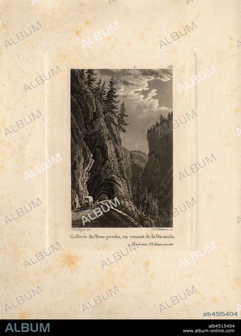 Galerie du Trou perdu, coming from Via Mala, Gallery at the Lost Hole, coming from the Viamala Gorge, Signed: J.J. Meyer, J.J. Falkeisen, Date Appreciated, Plate 9, Meyer, Johann Jakob (del.); Falkeisen, J. J. (sc.), 1826, Johann Jakob Meyer, Johann Gottfried Ebel: Meyer’s Bergstrassen durch Graubünden nach dem Langen- und Comer-See. Mit Einleitung u. Erklärung von Herrn Doctor J. G. Ebel. [Zürich: J. J. Meyer, 1826].