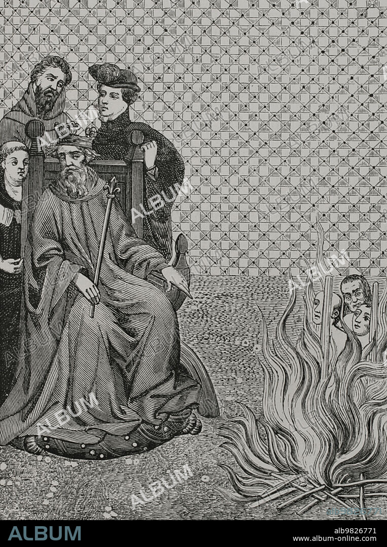 Los discípulos del filósofo y teólogo parisino Amaury de Chartres (h. 1150-h. 1207) fueron juzgados en el año 1210, condenados y quemados durante el reinado del rey Felipe II de Francia (1165-1223). Grabado a partir de una miniatura de "Chroniques de Saint-Denis". "Vie Militaire et Religieuse au Moyen Age et à l'Epoque de la Renaissance". París, 1877.