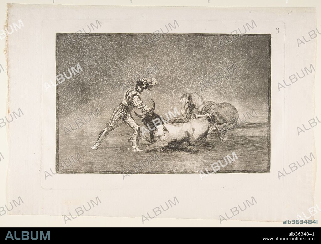 Plate 9 of the 'Tauromaquia': A Spanish knight kills the bull after having lost his horse. Artist: Goya (Francisco de Goya y Lucientes) (Spanish, Fuendetodos 1746-1828 Bordeaux). Dimensions: Plate: 9 1/2 × 13 3/4 in. (24.2 × 35 cm)
Sheet: 12 1/16 × 17 3/16 in. (30.7 × 43.6 cm). Date: 1816.