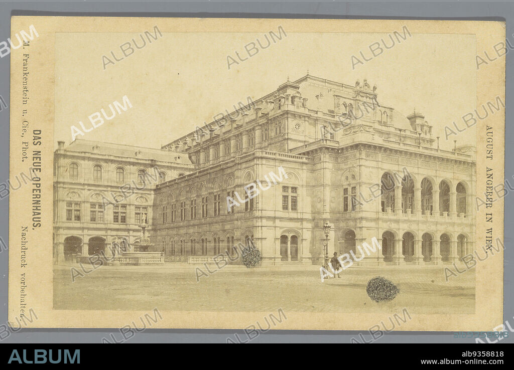 Opera House of the K.K. Hofoper, Vienna, Das Neue Opernhaus (title on object), M. Frankenstein & Co. (mentioned on object), publisher: August Angerer (mentioned on object), Vienna, 1869 - 1880, cardboard, paper, albumen print, height 66 mm × width 105 mm.