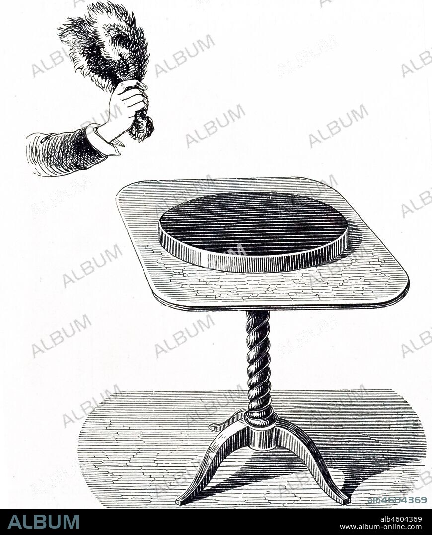 1878 Illustration depicting an electrophorus or electrophore. This was a manual capacitive electrostatic generator used to produce electrostatic charge via the process of electrostatic induction. The first version of it was invented in 1762 by Swedish professor Johan Carl Wilcke, but Italian scientist Alessandro Volta improved and popularized the device in 1775, and is sometimes erroneously credited with its invention.