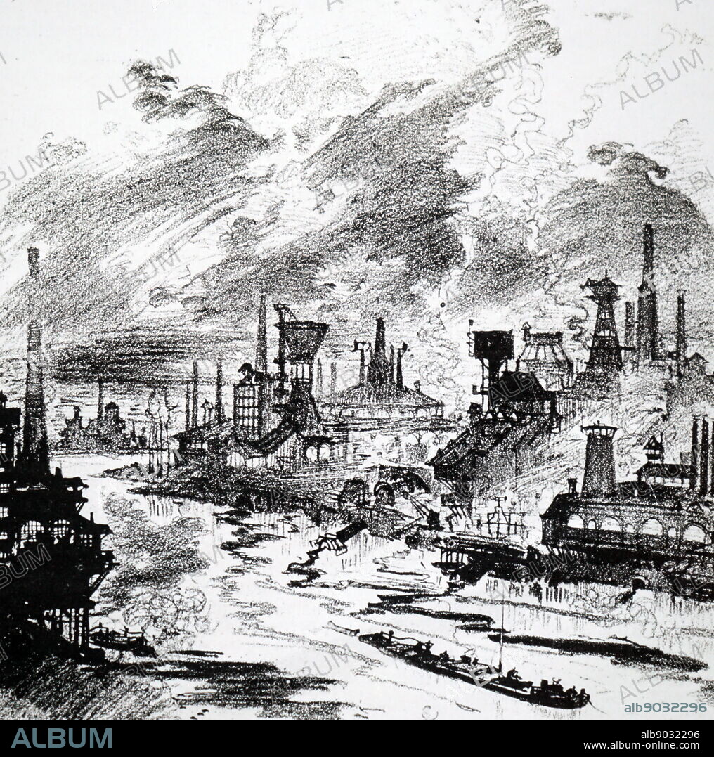 Engraving depicting what environmental pollution during the 1950s would look like if the chemical industry continued to 'progress'. Dated 19th century.