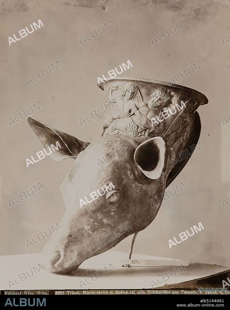 Josef Wlha, 3201 Trieste, Museo civico di Antichità, silver. Drinking vessel from Taranto, 4th century BC, collodion paper, black and white positive process, image size: height: 24.10 cm; width: 18.80 cm, inscribed: recto and: exposed: Photographer Wlha, Vienna. Trieste, Museo civico di Antichità, silver. Drinking vessel from Taranto, 4th century B.C.; on the box: old inv. no. handwritten in lead, stamp: verso on the box: photography, drinking vessels, deer, history of the Proserpina (Persephone, Core).