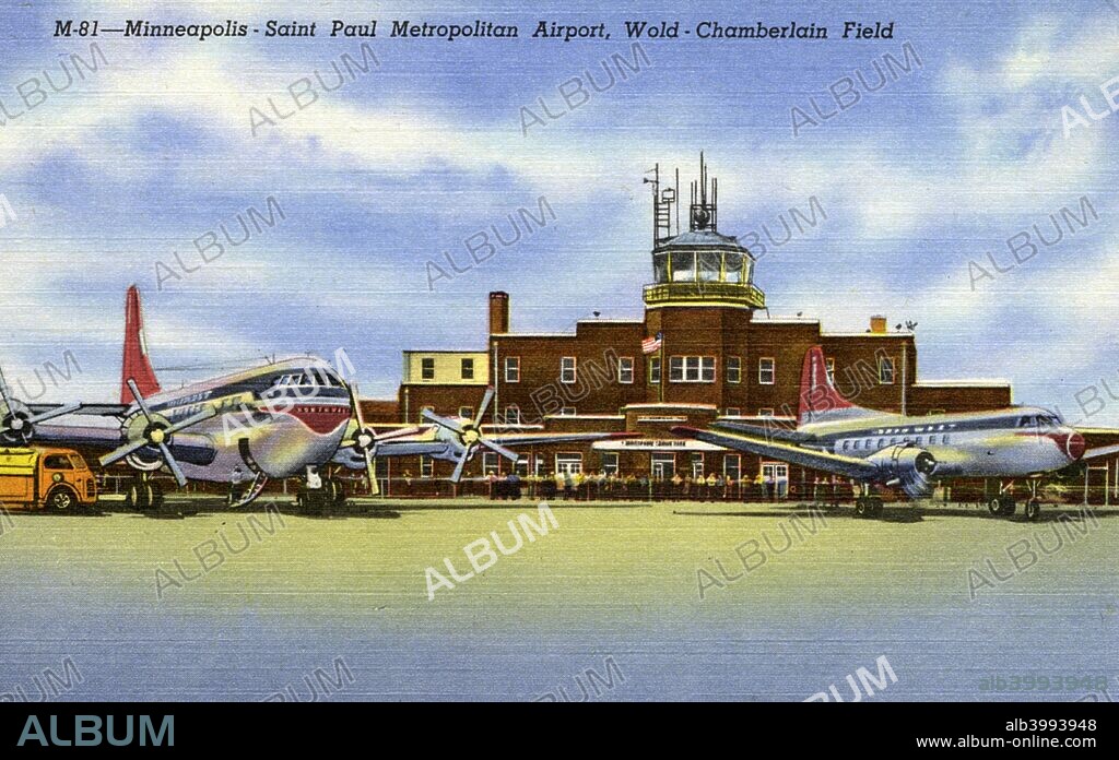 Minneapolis-St Paul Metropolitan Airport, Wold-Chamberlain Field, Minnesota, USA, 1949. Vintage postcard showing the terminal of the airport with two Northwest Airlines aircraft parked in front of it.
