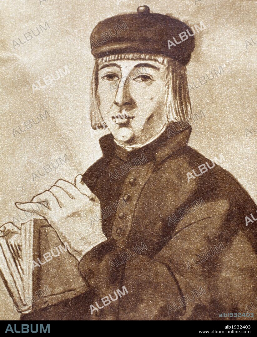 ARCIPRESTE DE HITA (1ª mitad del s. XIV). Poeta español, autor del "LIBRO DEL BUEN AMOR", su única obra hoy conservada. Se dice llamarse JUAN RUIZ, y haber concluido su obra en 1330 (según un códice) ó 1343 (según otro). Grabado.