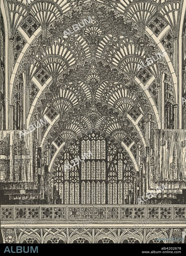 'Fan Vaulting', (1931). 'Perpendicular' architectural style, Henry VII Chapel, Westminster Abbey in London. Illustration from A History of Everyday Things in England - Done in two parts of which this is the first - 1066-1499, by Marjorie and C. D. B. Quennell. [B. T. Batsford, London, 1931].