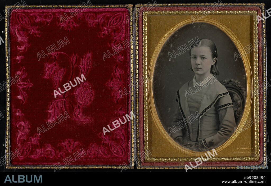 portrait of a young girl seated in the 'Gurney chair', 1852-1858, Jeremiah Gurney, American, 1812 - 1895, 4 1/4 x 3 1/4 in. (10.8 x 8.26 cm) (image)4 11/16 x 3 5/8 x 3/4 in. (11.91 x 9.21 x 1.91 cm) (mount), Daguerreotype (1/4 plate), United States, 19th century.
