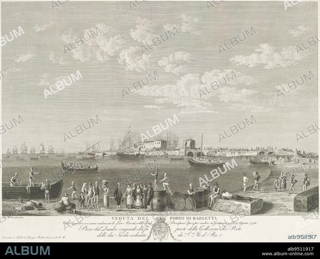 View of the port of Barletta, a town in Apulia. Numbered lower right: No. 1, Port of Barletta, print maker: Giovanni de Grado, (mentioned on object), after: Jacob Philipp Hackert, (mentioned on object), Georg Hackert, (mentioned on object), Italy, in or after 1790, paper, engraving, etching, h 431 mm × w 580 mm.