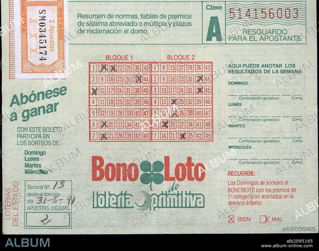 Impreso de Lotería Primitiva y Bono Loto. Año 1991.