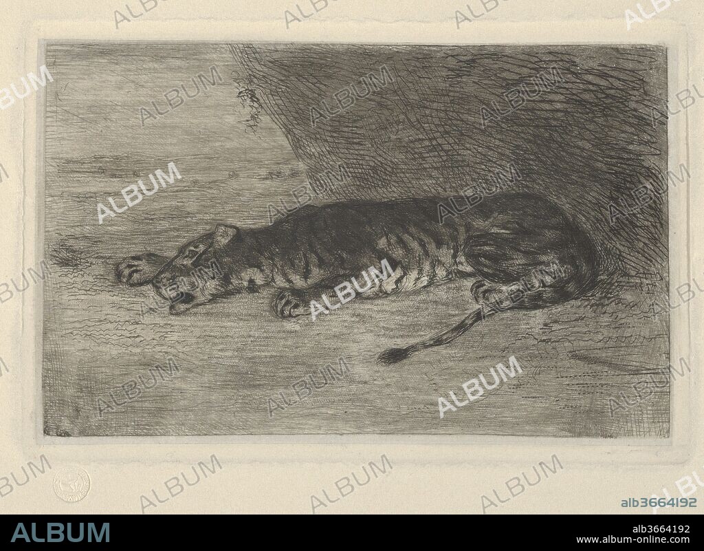 EUGENE DELACROIX. Tiger Lying at the Entrance of its Lair. Artist: Eugène Delacroix (French, Charenton-Saint-Maurice 1798-1863 Paris). Dimensions: Image: 5 1/2 x 3 9/16 in. (14 x 9 cm)
Plate: 5 7/8 x 3 3/4 in. (14.9 x 9.6 cm)
Sheet: 9 1/16 x 8 1/4 in. (23 x 20.9 cm). Date: ca. 1828-30.