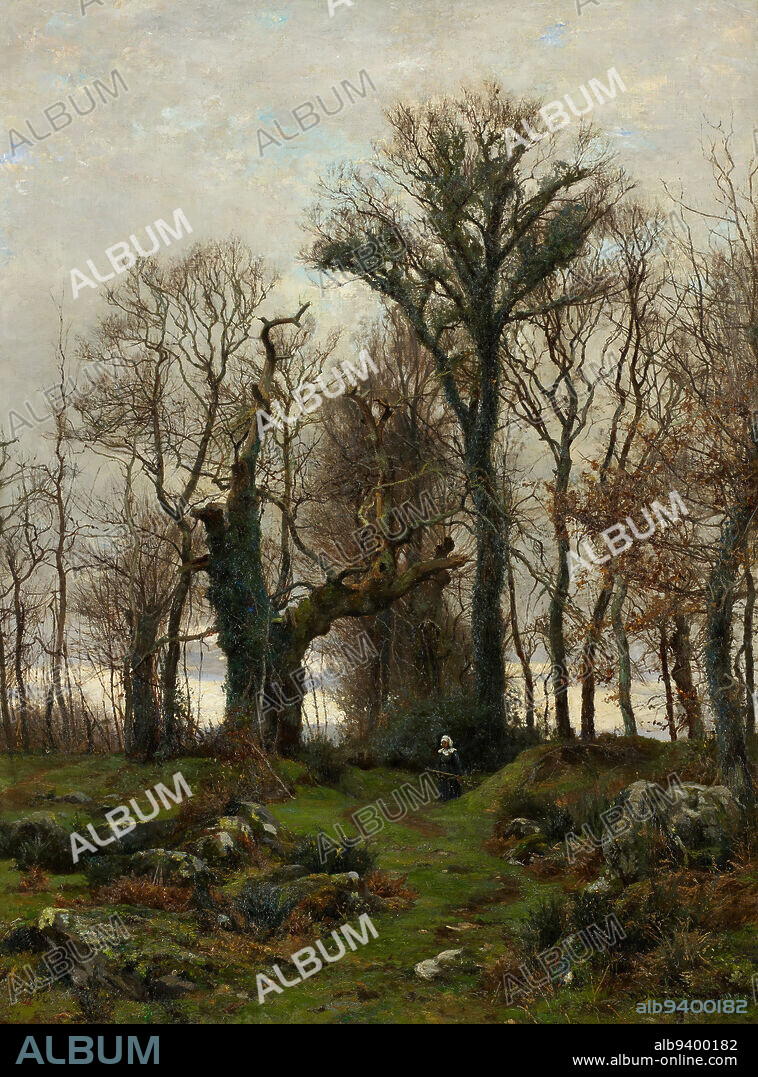 Edge of the Moor, Brittany, 1877, Hugh Bolton Jones, American, 1848 - 1927, 32 x 23 1/4 in. (81.28 x 59.06 cm) (outer frame), Oil on canvas, France, 19th century, The American landscape artist Hugh Bolton Jones trained first in his native Baltimore and then in New York. His earlier works reveal a deep debt to the Hudson River School. His first mature works, however, were produced during a tour of foreign study at the thriving artist's colony at Pont-Aven, France, between 1876 and 1880. Edge of the Moor, Brittany, which dates from that period, reflects Jones's encounter with the Barbizon style and demonstrates his ability to capture seasonal light effects. Obviously pleased with the results, Jones shipped the painting back to the United States in 1877 for display in the National Academy of Design's annual exhibition.